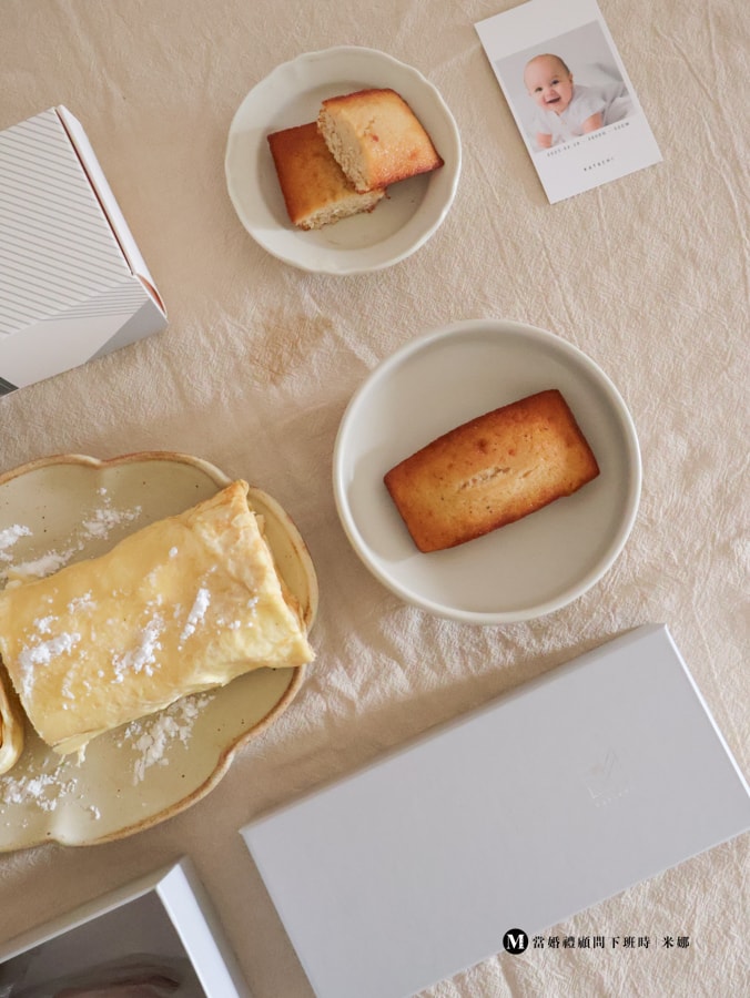 katachi 彌月禮盒甜點組合照，費南雪與日式千層捲一次滿足